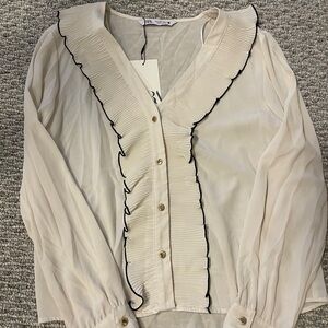 NWT Zara Cream Blouse with Ruffle Trim
